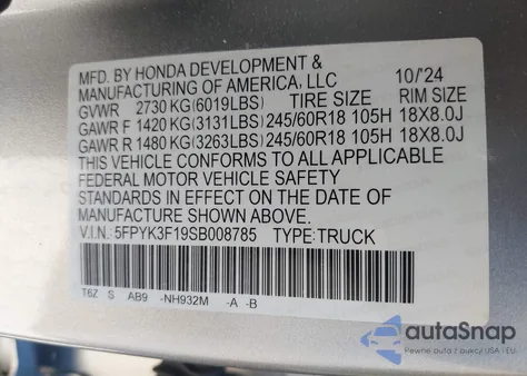 2025 Honda Ridgeline Sport из США, поврежденный, VIN 5FPYK3F19SB008785